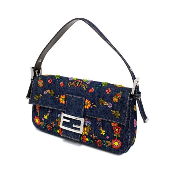 Authentic FENDI FF Denim Ricami Beaded Baguette Floral Blue Abstract Flap Purse - Picture 3 of 14